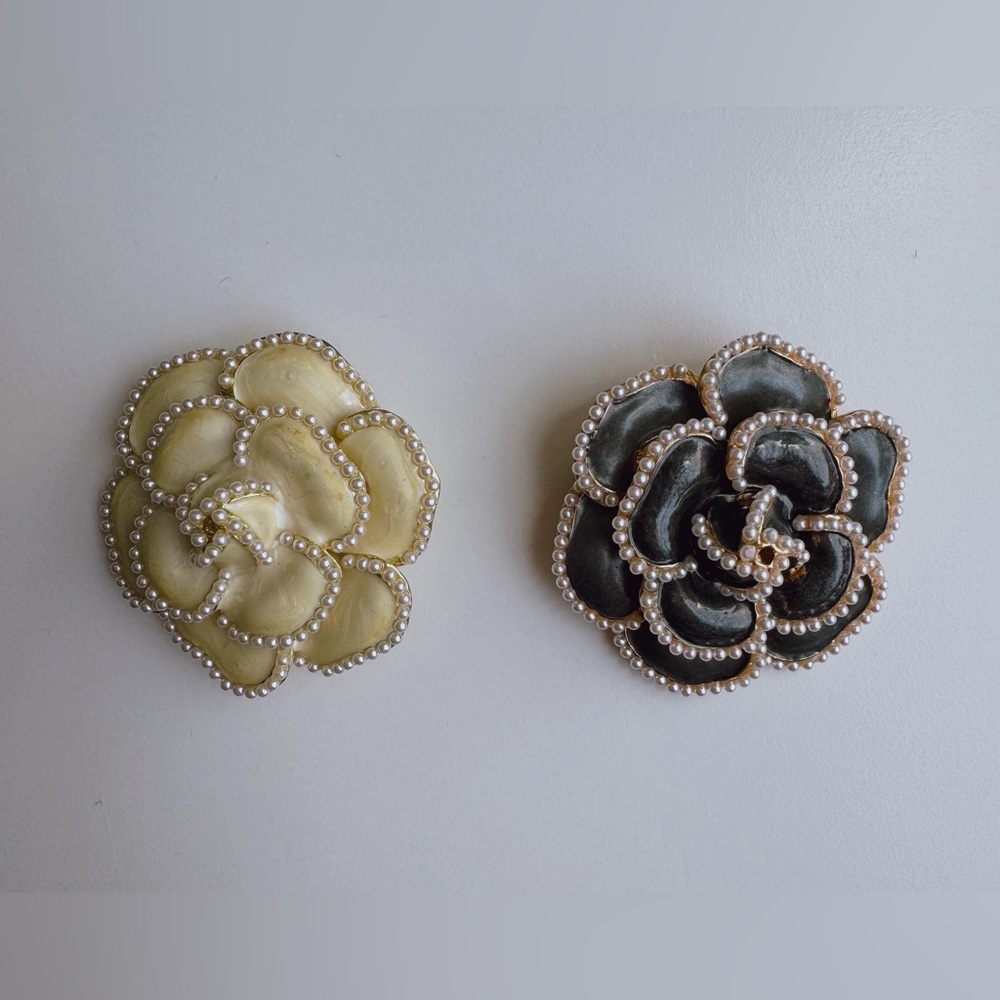 2 Black & White Camellia Flower Brooch